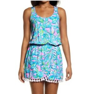 Lilly Pulitzer Jarrett  Romper XS Pink‎ Blue Green Pineapple Print Tassel Detail